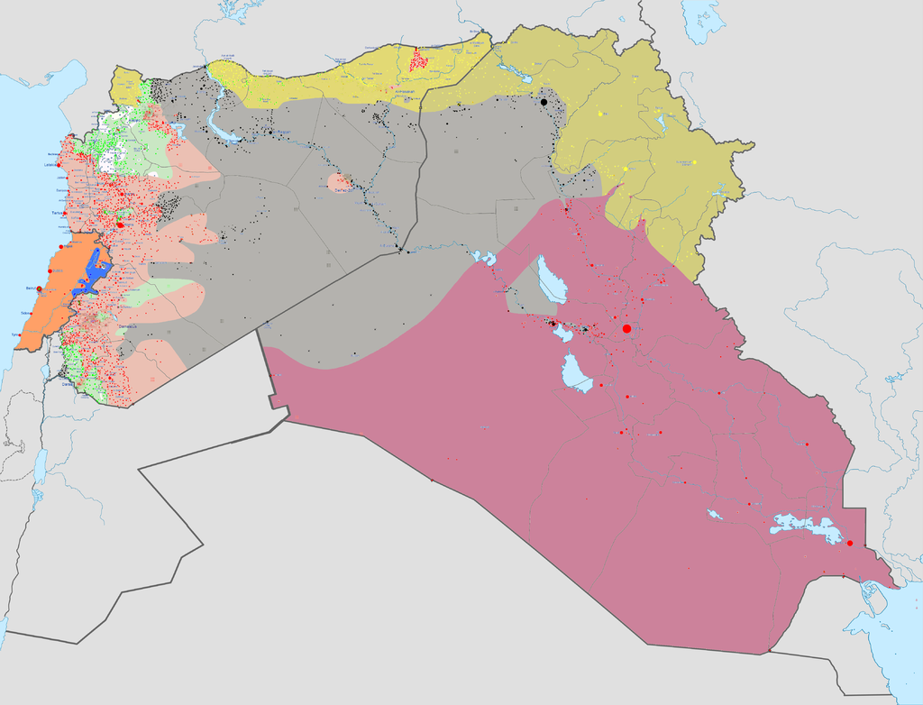 This map, dated September 4th, 2015, shows ISIS military position in Syria, Lebanon, and Iraq.  Courtesy Wikimedia Foundation and BlueHypercane761.  
CC BY-SA 4.0